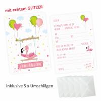 5 Einladungskarten Flamingo mit GLITZER inkl. 5 transparenten Briefumschlägen Kindergeburtstag Mädchen pink rosa Einladu Bild 2