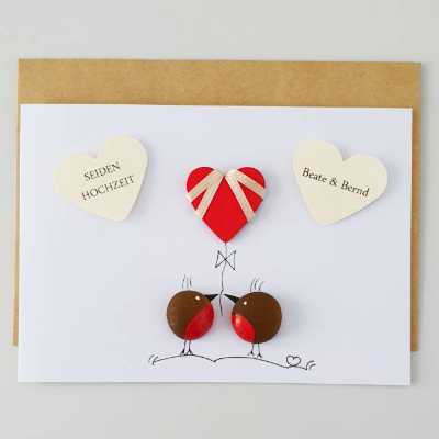 Geschenkkarte zum 4.Hochzeitstag, Hochzeitskarte Seidenhochzeit, Meerglas, Klappkarte, Wunschnamen, Kieselsteinkunst