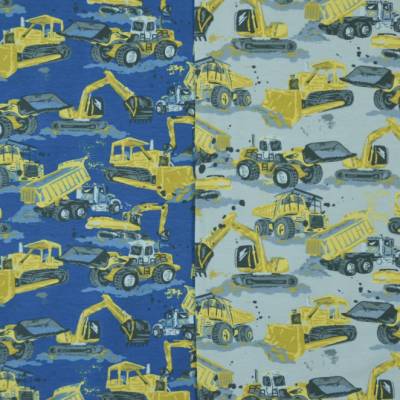♕ Jersey mit Baufahrzeugen Laster Kipper Bagger in blau oder grau 50 cm x 145 cm Nähen Stoff ♕