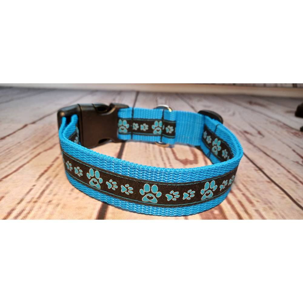 Hundehalsband Halsband "Pfoten-Liebe", blau, 30cm-45cm, 2,5cm breit Bild 1