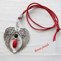 Bettelkette mit Schutzengel Anhänger Edelstein Perlen Lava Howlith rot schwarz Flügel Kette lang silberfarben Bild 2