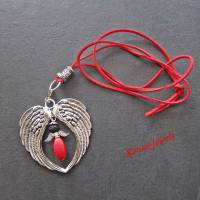 Bettelkette mit Schutzengel Anhänger Edelstein Perlen Lava Howlith rot schwarz Flügel Kette lang silberfarben Bild 3