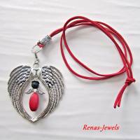 Bettelkette mit Schutzengel Anhänger Edelstein Perlen Lava Howlith rot schwarz Flügel Kette lang silberfarben Bild 4