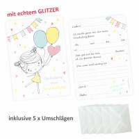 5 Einladungskarten zur Einschulung Mädchen mit Luftballons mit GLITZER inkl. 5 transparenten Briefumschlägen Einladung Bild 2