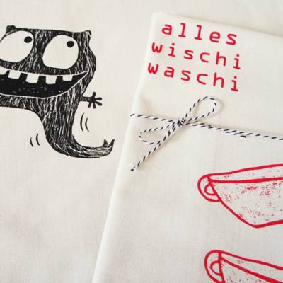 Wischi Waschi Monster, Geschirrtuch, Biobaumwolle. Siebdruck handbedruckt.