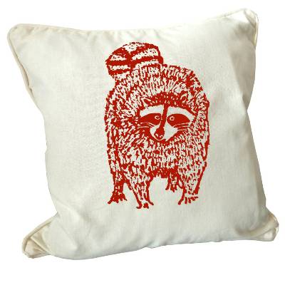 Waschbär. Kissenbezug Biobaumwolle, 45x45 cm, handbedruckt, roter Siebdruck