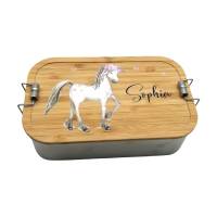 Brotdose personalisiert aus Edelstahl mit Bambus Deckel "Pferd", Trennsteg, Lunchbox Bild 1