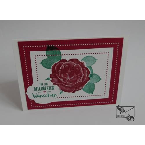 Glückwunschkarte mit Rose zum Geburtstag  Rot-Grün mit Grusstext Handgefertigt mit Stampin'Up Produkten Unikat DIN