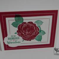 Glückwunschkarte mit Rose zum Geburtstag  Rot-Grün mit Grusstext Handgefertigt mit Stampin'Up Produkten Unikat DIN Bild 1