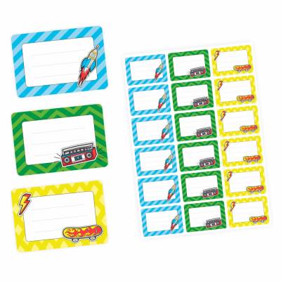 72 Blanko Etiketten Retro Rakete Ghettoblaster Skateboard - 64 x 45 mm - Universaletiketten Haushaltsetiketten