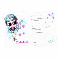 5 Einladungskarten cooles Mädchen Sterne pink türkis inkl. 5 transparenten Briefumschlägen Bild 1