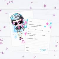 5 Einladungskarten cooles Mädchen Sterne pink türkis inkl. 5 transparenten Briefumschlägen Bild 3