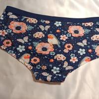 Unterhose für Frauen, Damen Hipster, handmade Damenunterwäsche, Slip, "Rotkehlchen dunkelblau", Vögel, Blumen Bild 2