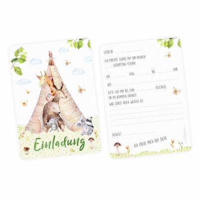 10 Einladungskarten Tipi Zelt Tierfreunde inkl. 10 transparenten Briefumschlägen