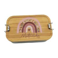 Brotdose personalisiert aus Edelstahl mit Bambus Deckel "Regenbogen Blumen", Trennsteg, Lunchbox Bild 1
