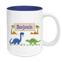 Tasse mit Namen Keramik blau für Kinder, Motiv Dinosaurier Bild 1
