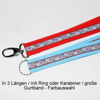 langes Blumen Schlüsselband türkis rot in drei Wunschlängen, NEU mit Ring- oder Karabiner und Gurtband-Farbauswahl Bild 1
