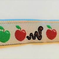 1m Webband mit Äpfeln, Wurm, hellgrau, rot, grün, braun, 10mm, Meterware Bild 1