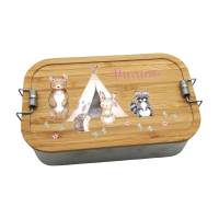 Brotdose personalisiert aus Edelstahl mit Bambus Deckel "Boho Waldtiere", Trennsteg, Lunchbox Bild 1