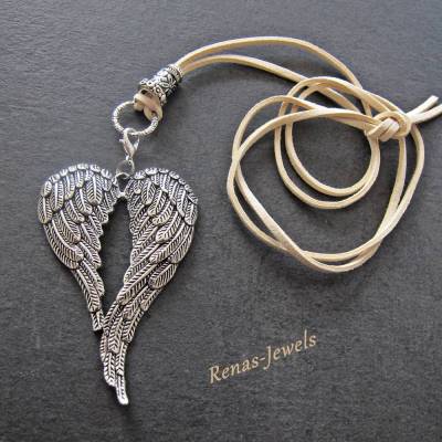 Lange Bettelkette mit Engelflügel Anhänger, beige, silberfarben, Velourband, Flügelkette, Wechselkette handgefertigt