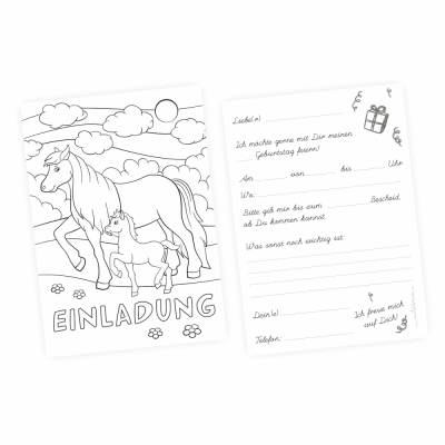 10 Einladungskarten zum ausmalen Pferde Pony inkl. 10 transparenten Briefumschlägen