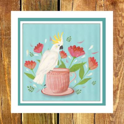 Karte "Tassenkakadu", Grußkarte, Glückwunsch, Doppelkarte, Postkarte, Motivdruck