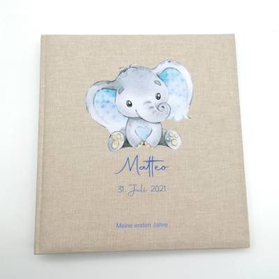 Fotoalbum personalisiert Baby, Kind "Elefant blau" Leinen, Erinnerungsalbum