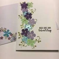 Stilvolle Geburtstagskarte mit Grußtext  mit Weiß/Flieder/Türkis Grünen Blüten  Handarbeit Stampin'Up! Bild 2