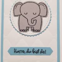 Wunscherfüllerkarte zur Geburt ~ Motiv: Elefant ~ Text: Hurra, du bist da! ~ mit Reagenzglas Bild 2