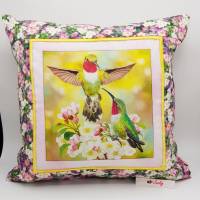 Patchwork-Kissenhülle Kolibris auf Kirschblüten Bild 1
