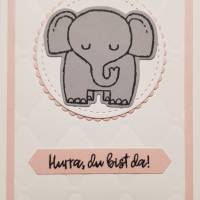 Wunscherfüllerkarte zur Geburt ~ Motiv: Elefant ~ Text: Hurra, du bist da! ~ Farbe: Rosa ~ mit Reagenzglas Bild 2