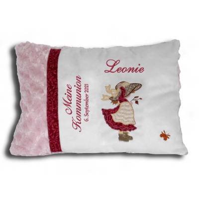 Flauschiges besticktes Kissen zur Erstkommunion mit Namen und niedlicher Vintage Mädchen-Applikation Schmusekissen 