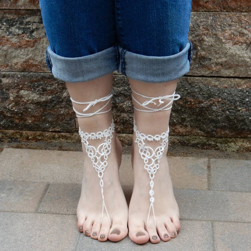Barfuß Sandalen Fußschmuck Fußkettchen Weiß geknotet aus