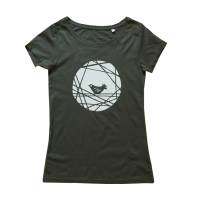 Nesthocker, Vogel, Bio Fairtrade T-Shirt Frauen. Mit Handsiebdruck. Bild 1