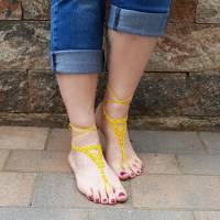 Barfuß Sandalen Fußschmuck Fußkettchen Gelb geknotet aus Baumwollgarn Hochzeitsschmuck Bild 2