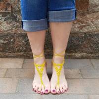 Barfuß Sandalen Fußschmuck Fußkettchen Gelb geknotet aus Baumwollgarn Hochzeitsschmuck Bild 3