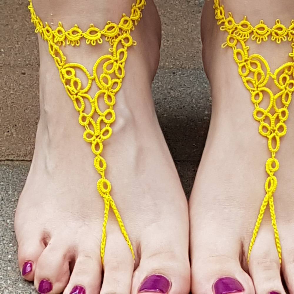 Barfuß Sandalen Fußschmuck Fußkettchen Gelb geknotet aus