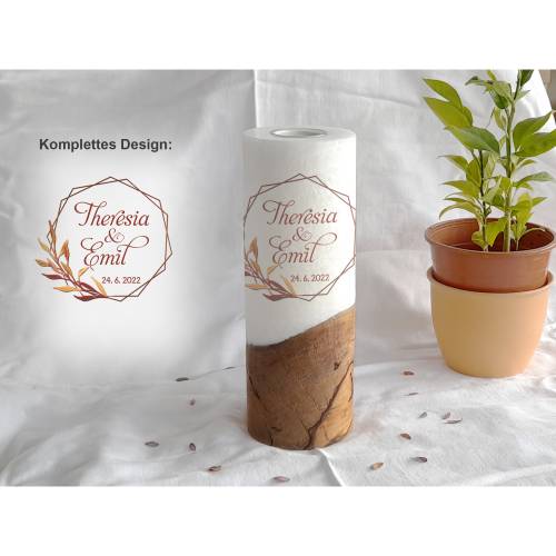 Hochzeitskerze mit Holz Design Goldrahmen