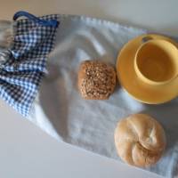 Brotbeutel "de luxe" Leinen hellgrau/ blau-kariert mit Baumwollkordel Bild 3