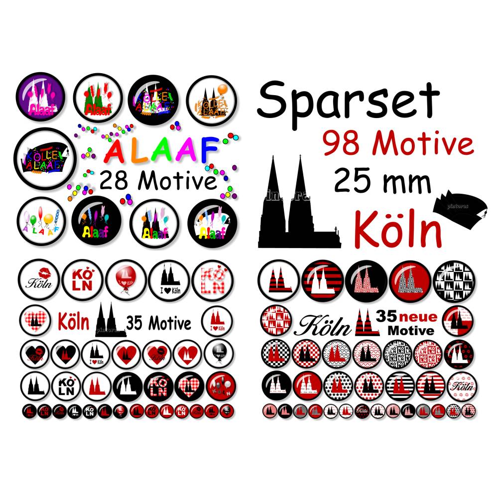 Cabochonbilder zum Ausdrucken Köln, Kölle Alaaf, bunt, Kölner Dom, Rot Schwarz, 98 Motive, Karneval, 25 mm Bild 1