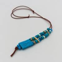 V-Halskette Mix, türkis weiß silber braun, Keramikperlenkette, Lederband, geknotet, Keramikschmuck, Boho Indian Style Bild 1