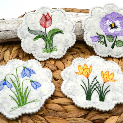 Stickdatei Untersetzer Frühlingsblumen Krokus Tulpe Schneeglöckchen Stiefmütterchen