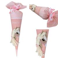 Pferde Schultüte in rosa, Zuckertüte mit Pferd, mit Namen bestickt, Schultüte Stoff für Mädchen, passend für 70 cm Papp Bild 2