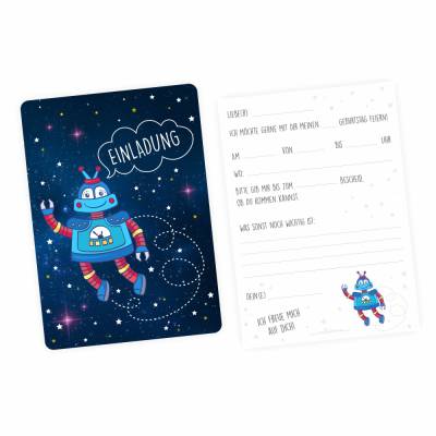 10 Einladungskarten Roboter mit Silberlack inkl. 10 Briefumschlägen