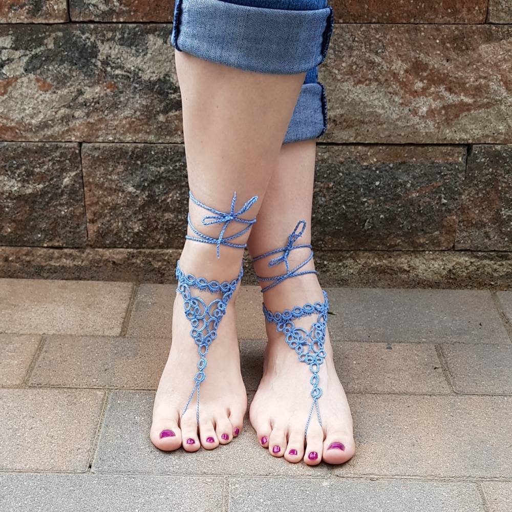 Barfuß Sandalen Fußschmuck Fußkettchen Blau geknotet aus