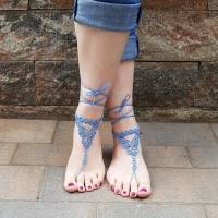 Barfuß Sandalen Fußschmuck Fußkettchen Blau geknotet aus Baumwollgarn Hochzeitsschmuck Bild 1