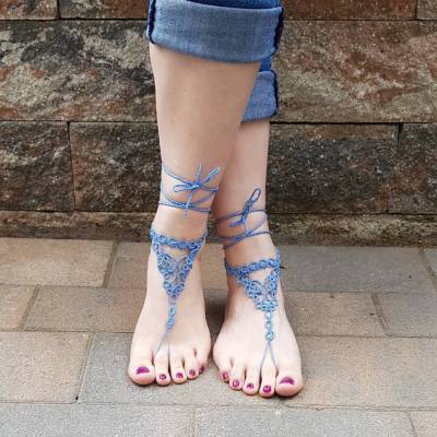 Barfuß Sandalen Fußschmuck Fußkettchen Blau geknotet aus Baumwollgarn Hochzeitsschmuck
