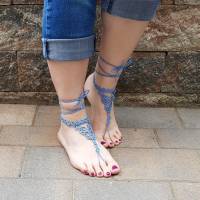 Barfuß Sandalen Fußschmuck Fußkettchen Blau geknotet aus Baumwollgarn Hochzeitsschmuck Bild 2