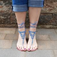 Barfuß Sandalen Fußschmuck Fußkettchen Blau geknotet aus Baumwollgarn Hochzeitsschmuck Bild 3
