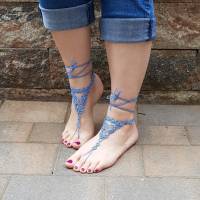 Barfuß Sandalen Fußschmuck Fußkettchen Blau geknotet aus Baumwollgarn Hochzeitsschmuck Bild 4